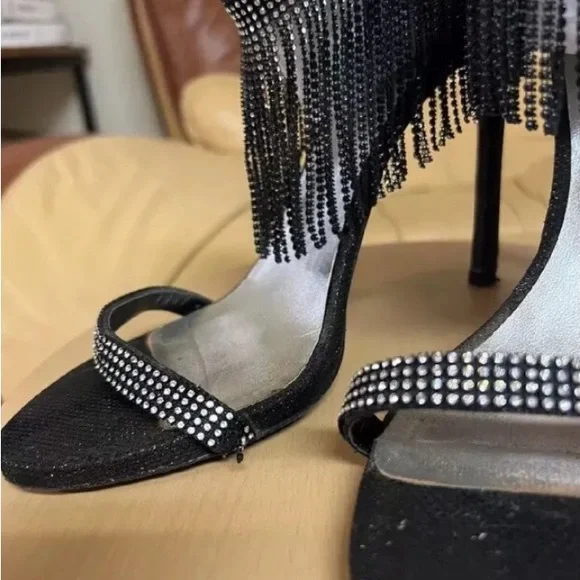Stuart Weitzman Onfiresong Black Crystal Fringe Sandal Heels - Picture 8 of 8